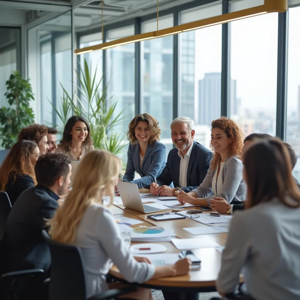 Equipo de consultores colaborando en una oficina moderna y luminosa